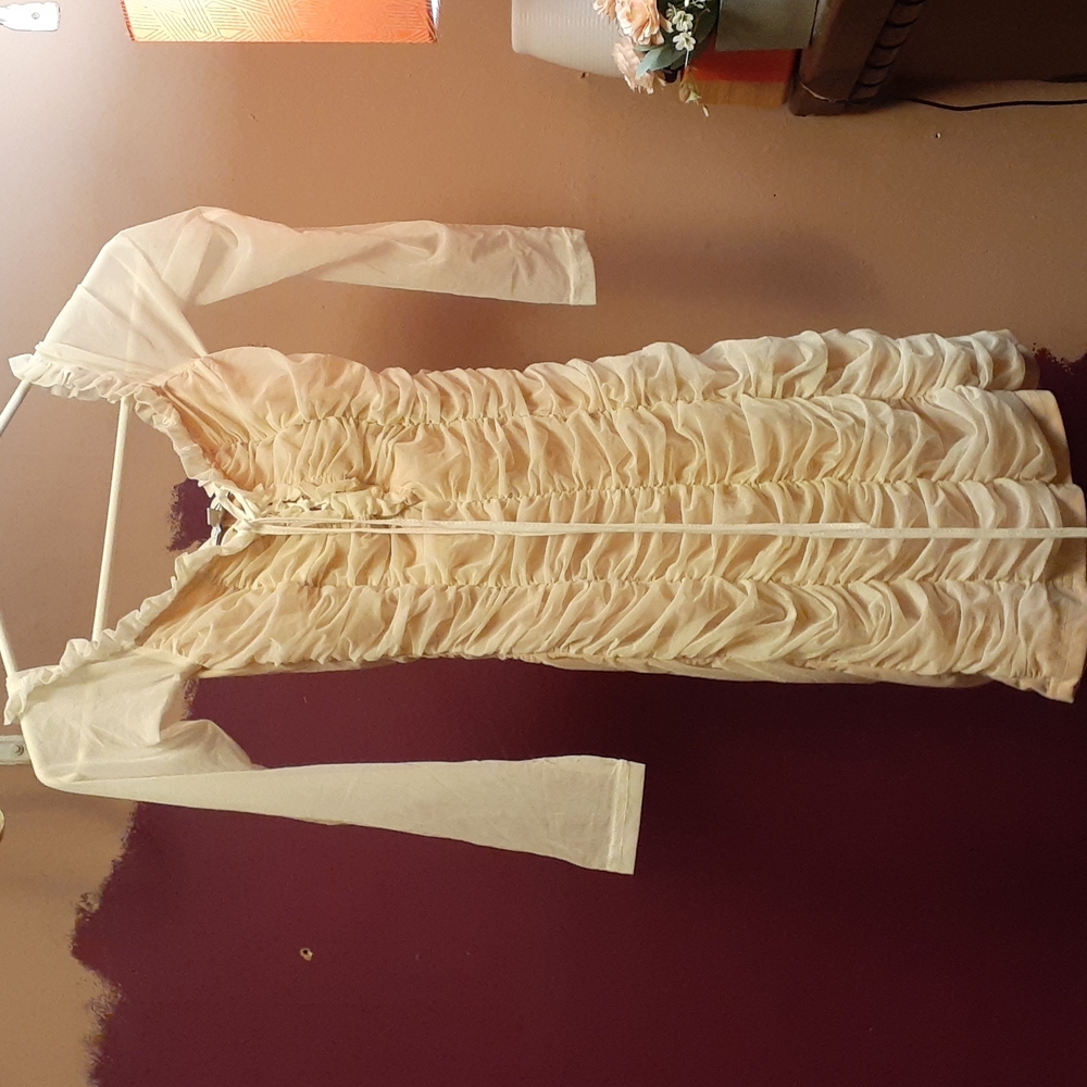 Fashion Nova Nude Cream White Sheer 3/4 Sleeve Ruched Tie Front Mini Dress XS